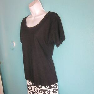 Nuance Womens Size M Vintage Black Leather Suede  Scoop Neck Tee Shirt Top 38"B